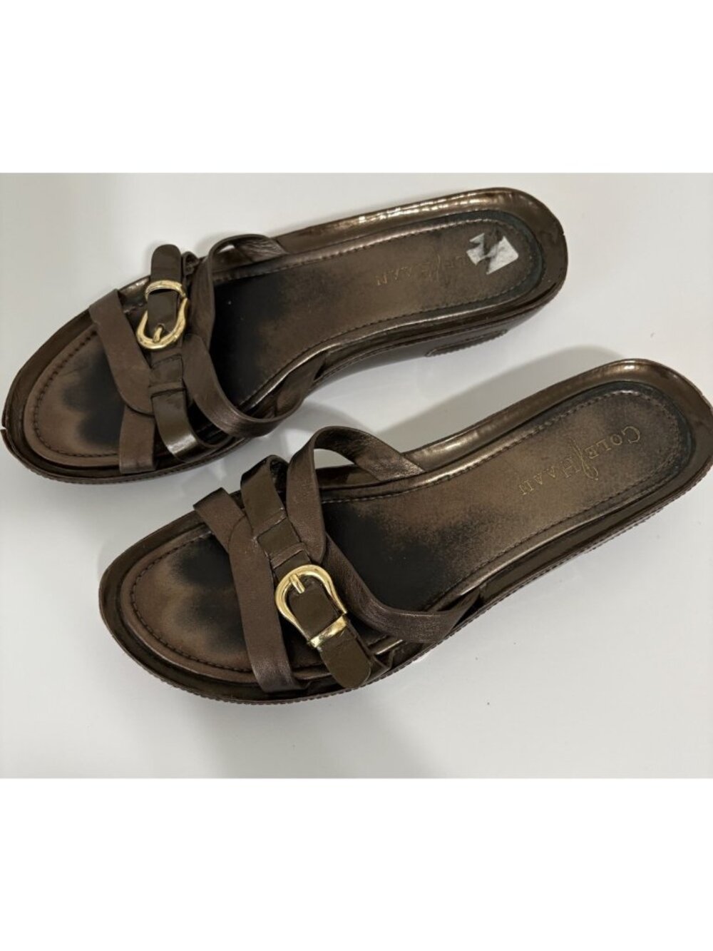 Cole Haan Brown Bronze Leather Slip On Buckle Sandals - Picture 6 of 15